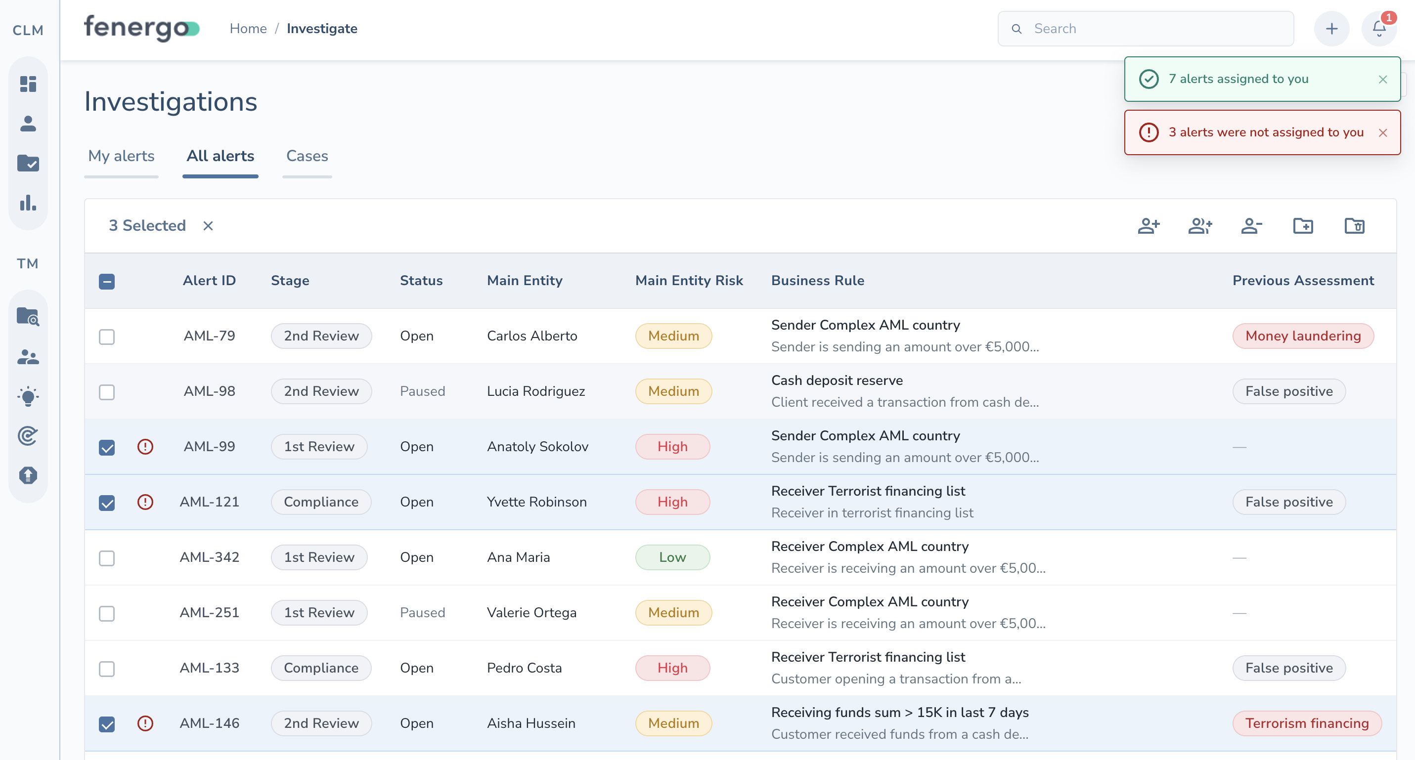 Investigations table after confirming, with the non-actionable alerts still selected and a success toast and an error toast summarizing the outcome