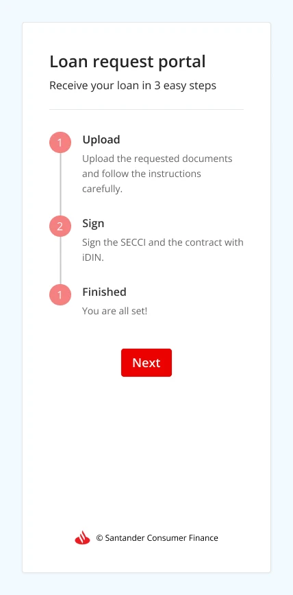 Landing page with a 3-step tracker: Upload, Sign, Finished