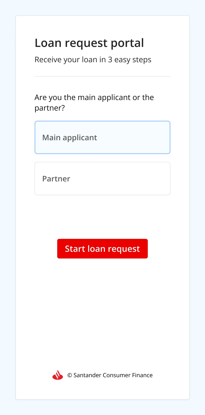 Screen asking whether the visitor is the main applicant or the partner, before starting the loan request