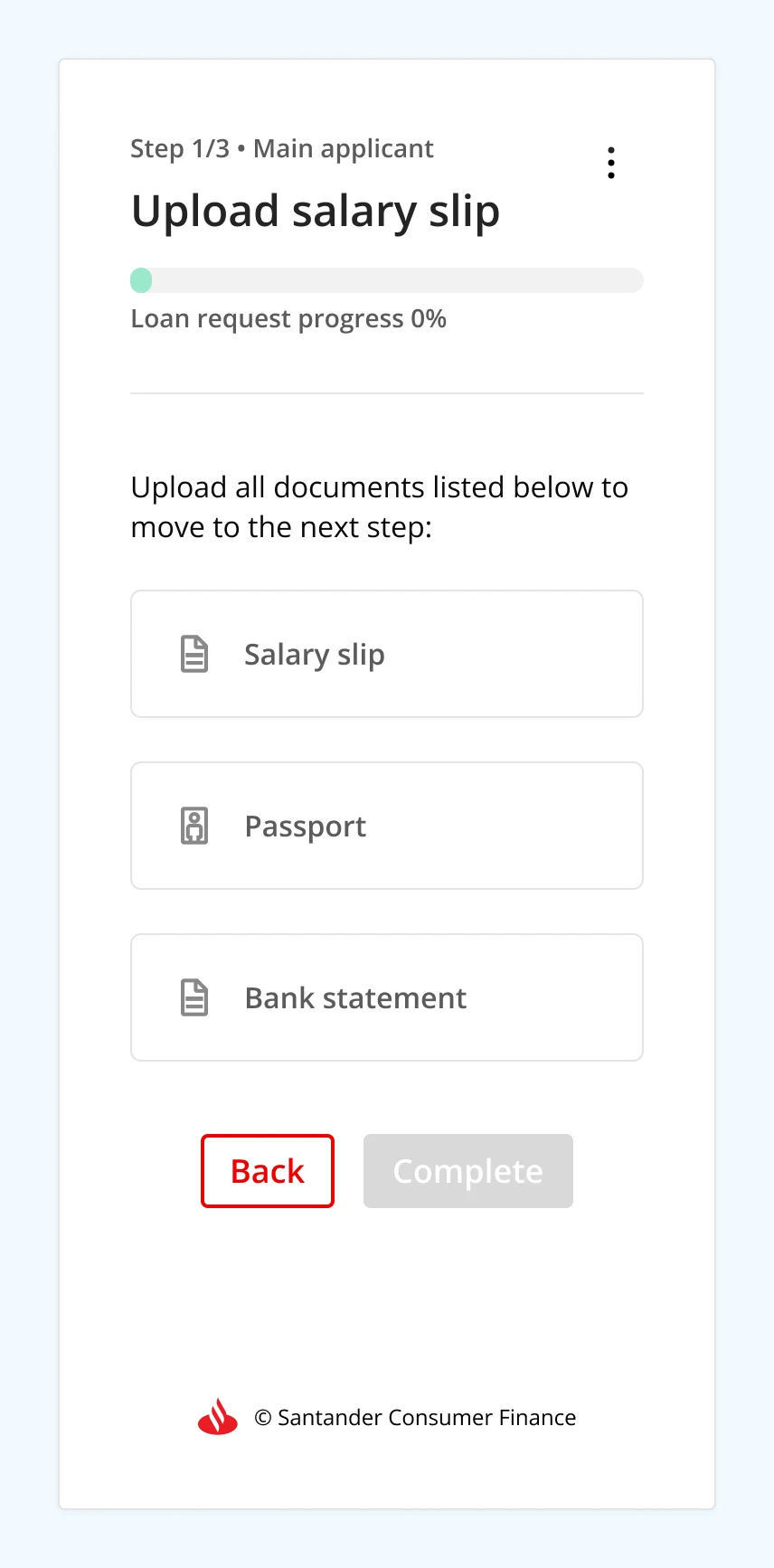 Upload salary slip, step 1 of 3, at 0% progress