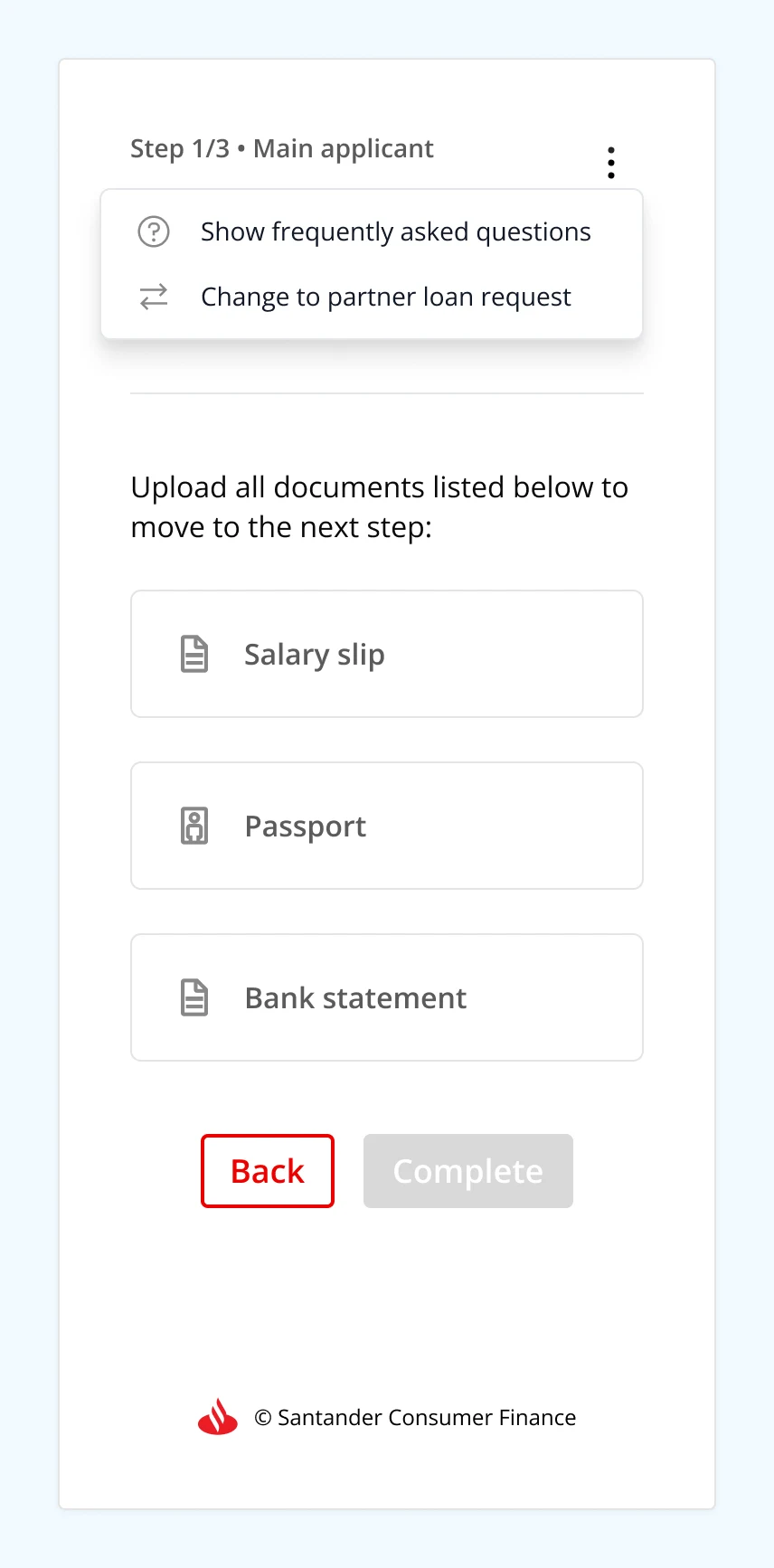 Upload step with the overflow menu open, showing options to view the FAQ or switch to the partner's loan request