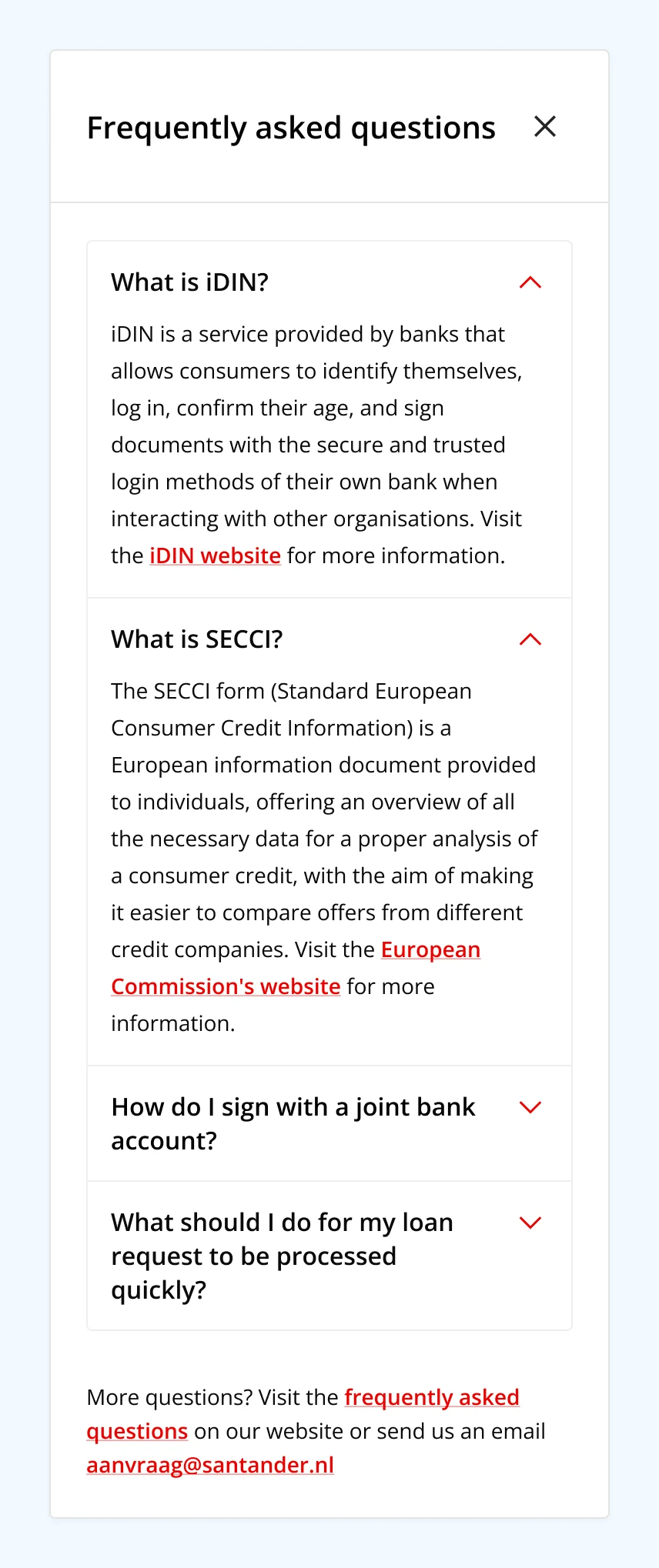 Frequently asked questions panel with the iDIN and SECCI answers expanded