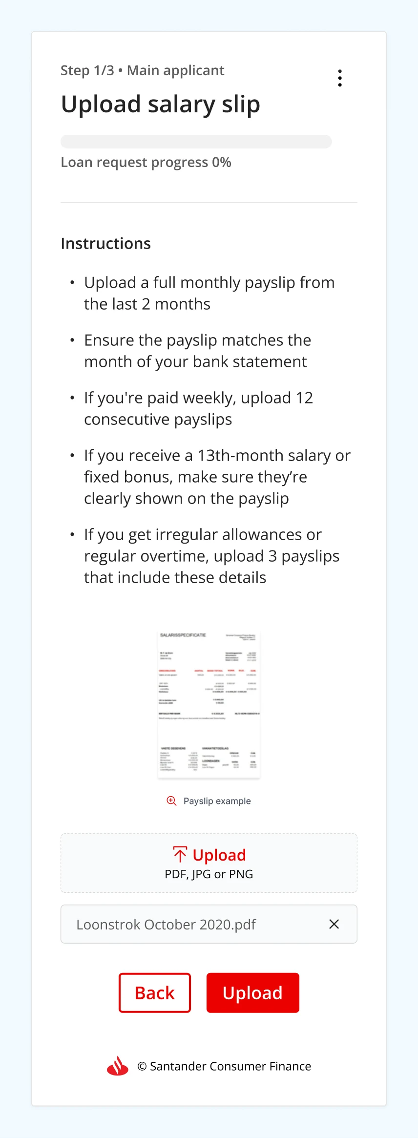 Upload salary slip step with detailed instructions and an example payslip