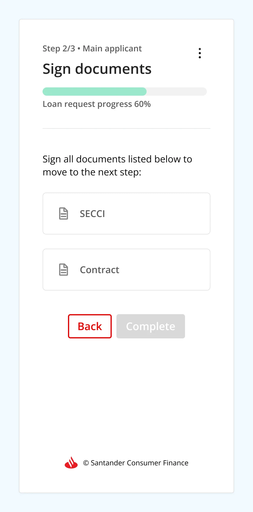 Sign documents, step 2 of 3, listing the SECCI and contract still to be signed