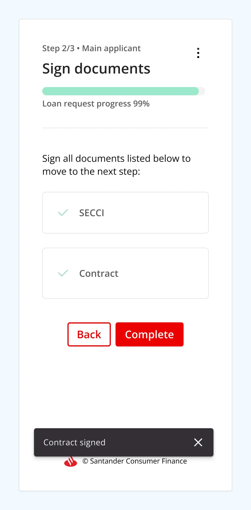 Sign documents step with both documents signed and a 'Contract signed' toast, at 99% progress