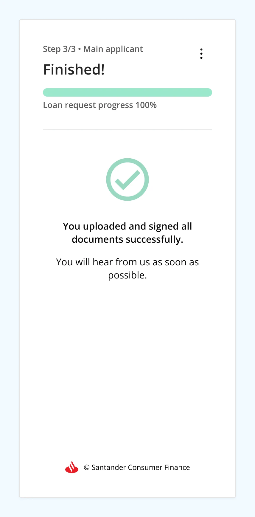 Finished screen, step 3 of 3, with a success checkmark at 100% progress