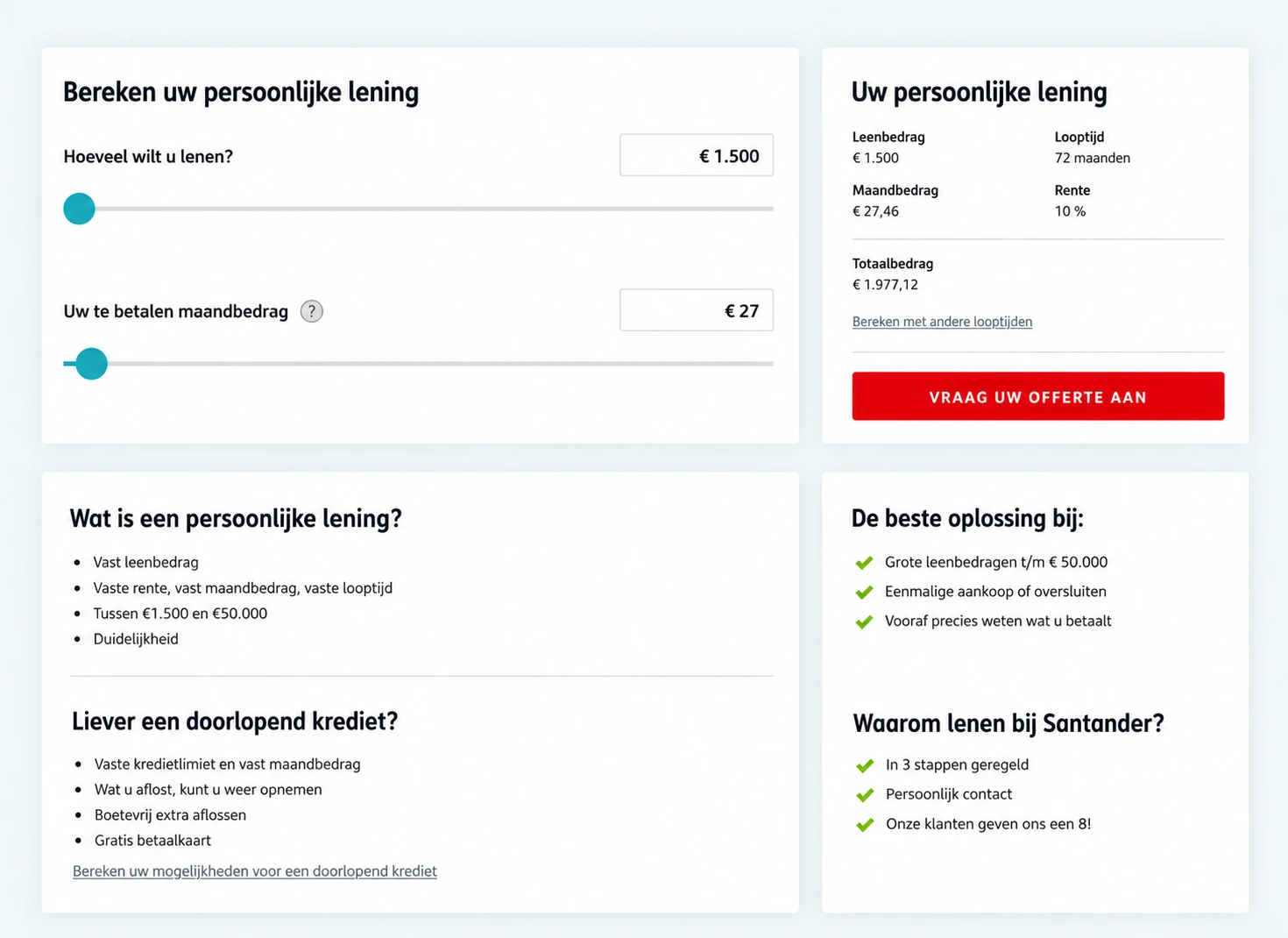 Original loan simulation page with the personal loan calculator, both loan type descriptions, and Santander's supporting USPs