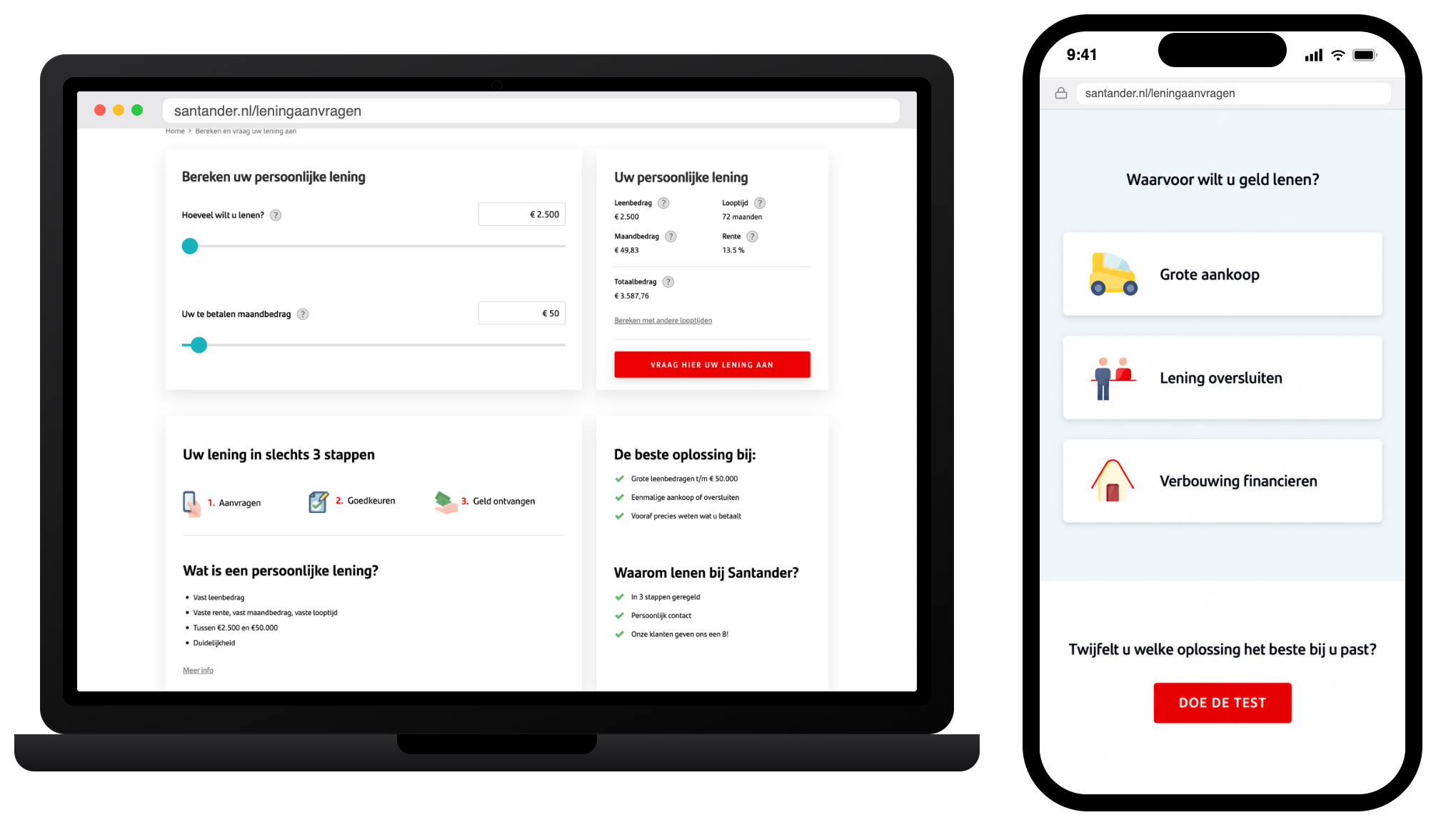 Laptop and iPhone displaying the redesigned Santander loan simulation page: the calculator and loan purposes on desktop, and the 3-step USP on mobile.