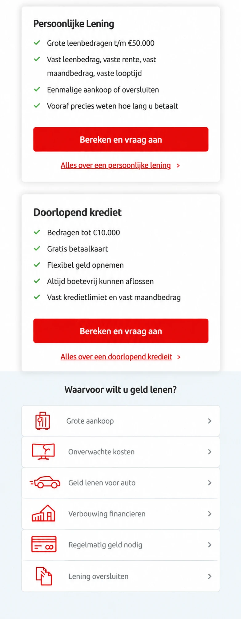 Homepage before the experiment, still showing the Persoonlijke Lening and Doorlopend krediet comparison cards above the loan purposes section