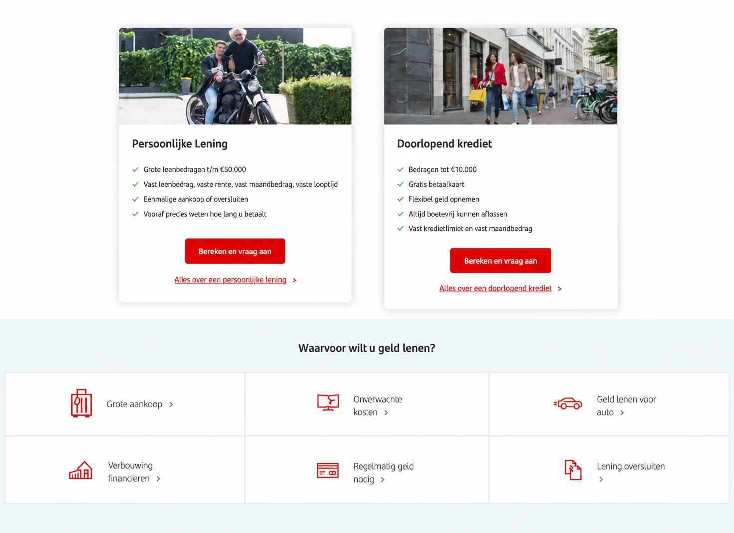 Original product comparison cards presenting Persoonlijke Lening (personal loan) and Doorlopend krediet (revolving credit) side by side