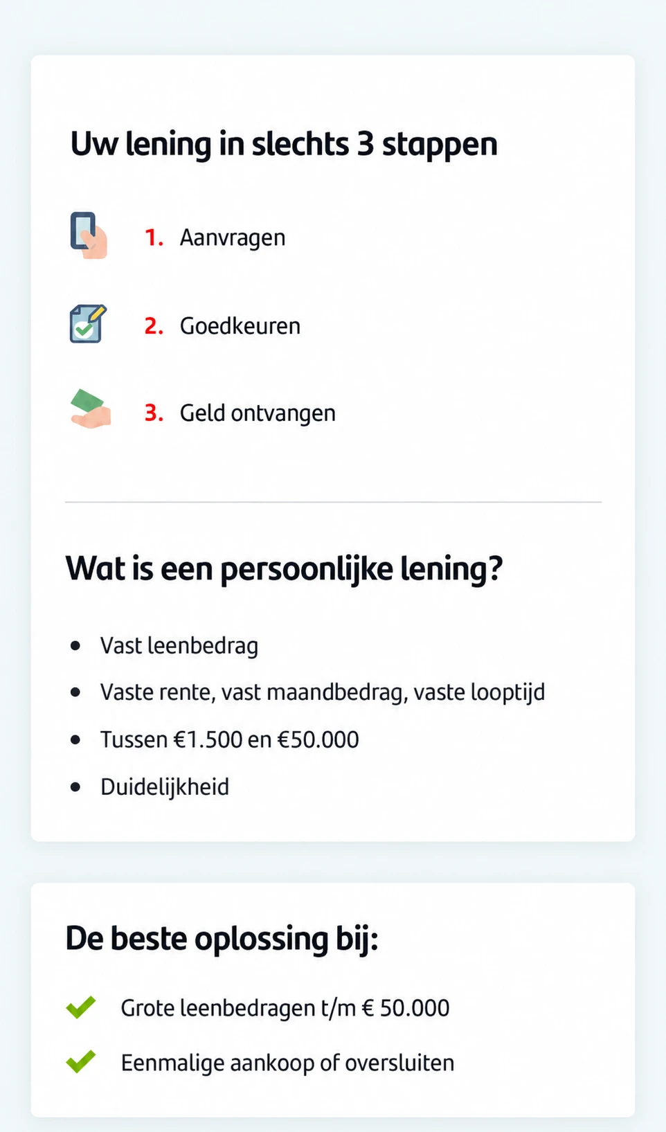 Loan simulation page after the experiment, with the 'in 3 steps' USP and icons placed where the personal loan copy used to sit, under the heading 'Uw lening in slechts 3 stappen' (Your loan in just 3 steps)