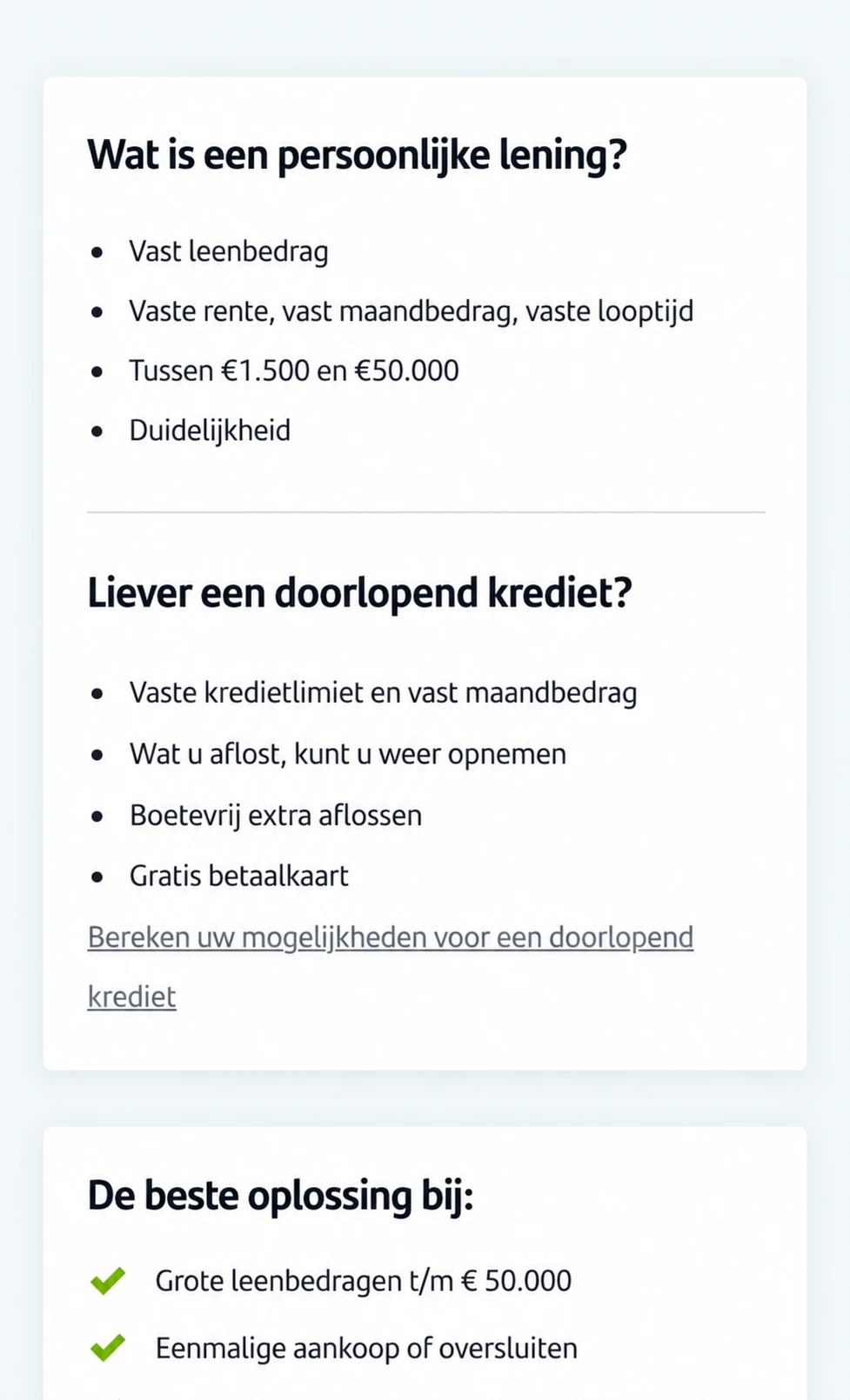Loan simulation page before the experiment, still showing the 'Liever een doorlopend krediet?' copy alongside the personal loan information