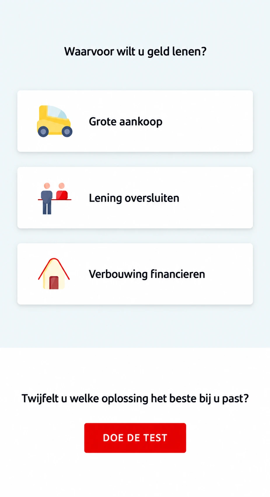 Homepage after the experiment: comparison cards removed, only the loan purposes section remains with icons updated to the brand's current set