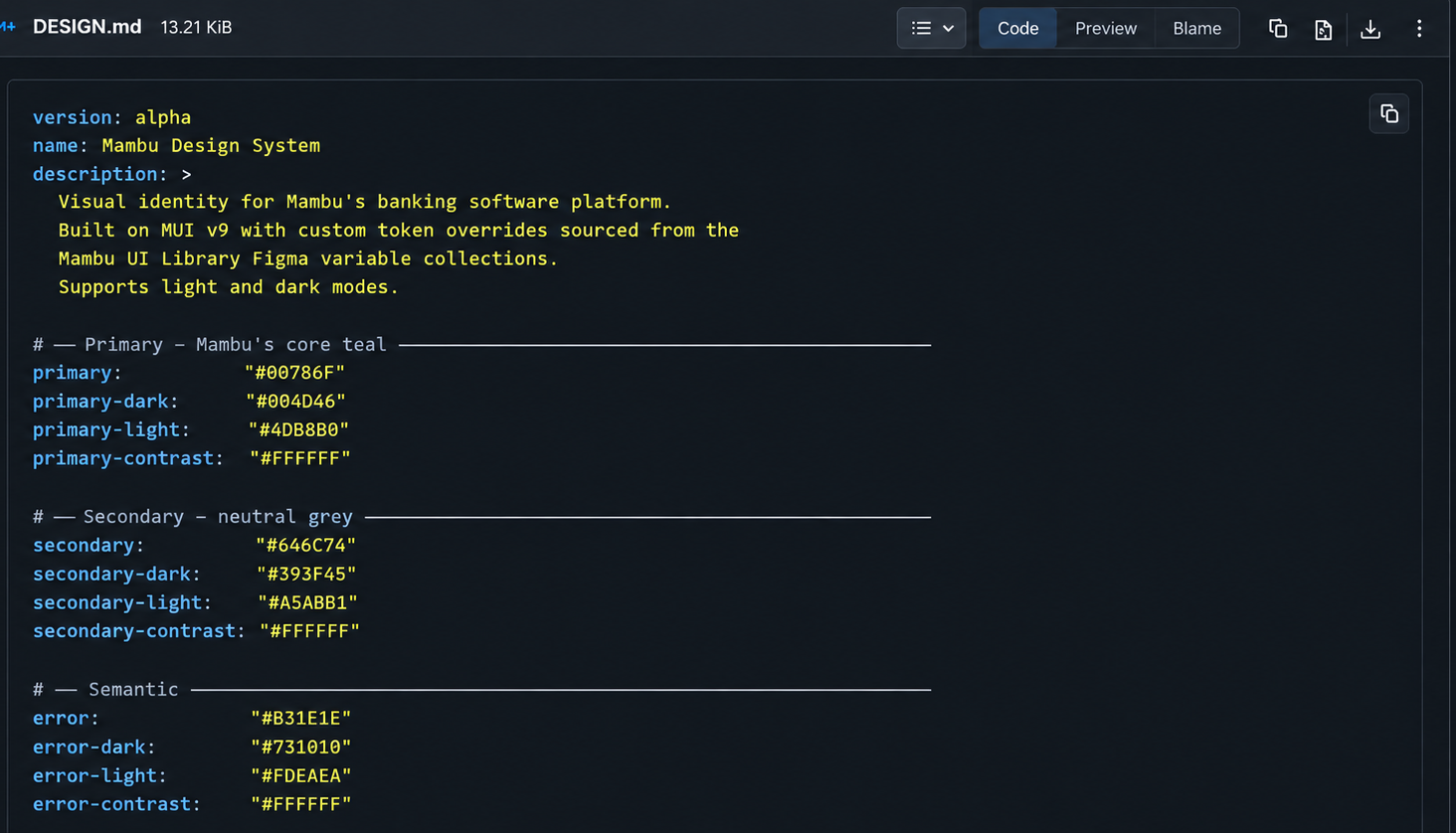 DESIGN.md file in the Mambu Design System GitLab repository showing YAML front matter and color token definitions