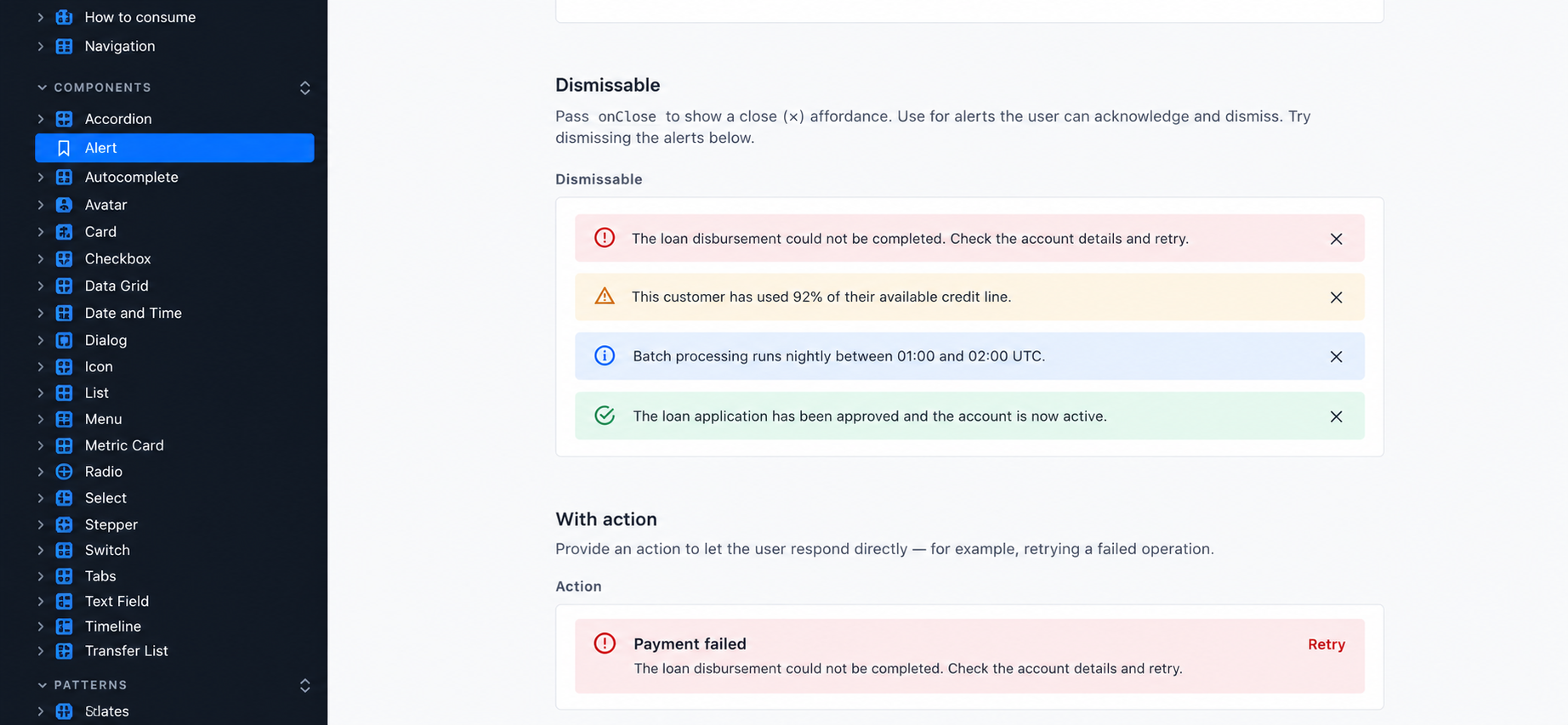 Storybook documentation page for the Mambu Design System showing Alert component variants: dismissable states and an alert with an action