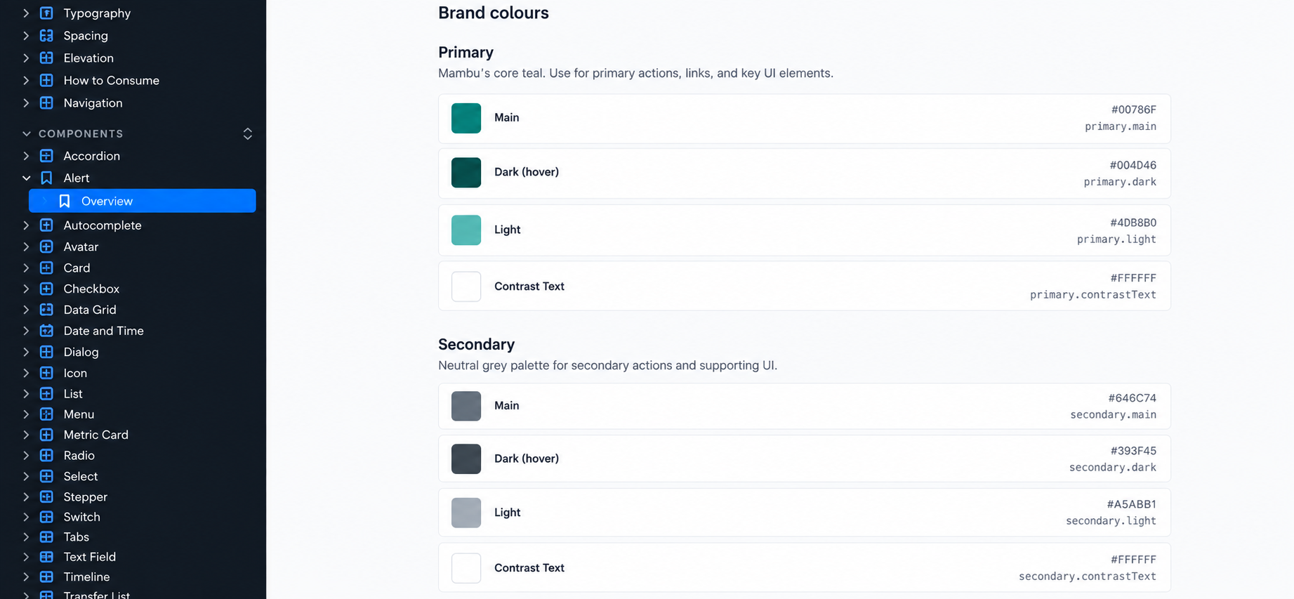 Storybook documentation page for the Mambu Design System showing the brand colour tokens: primary and secondary palettes with hex values