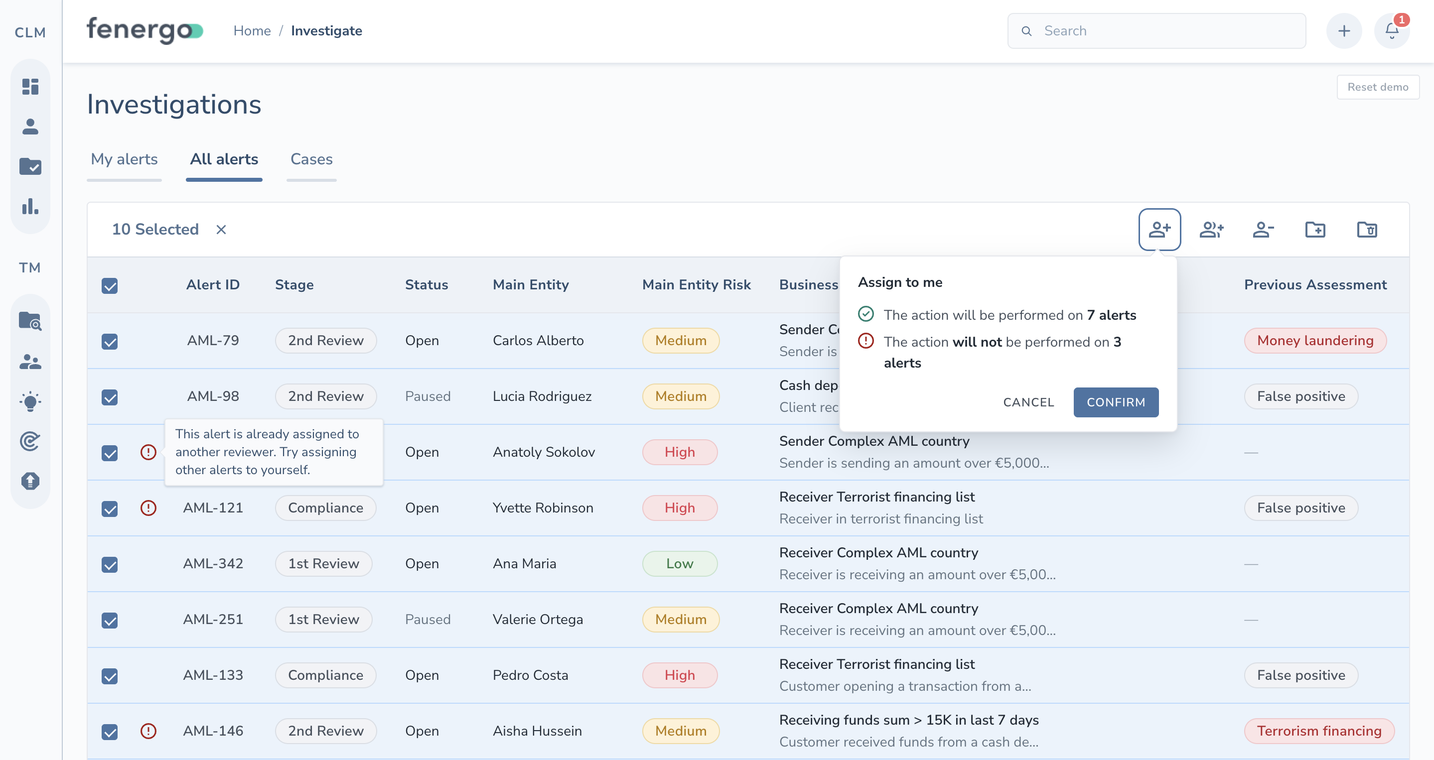 Investigations table with a new warning-icon column, an explanatory tooltip, and a confirmation popover summarizing the bulk action's impact