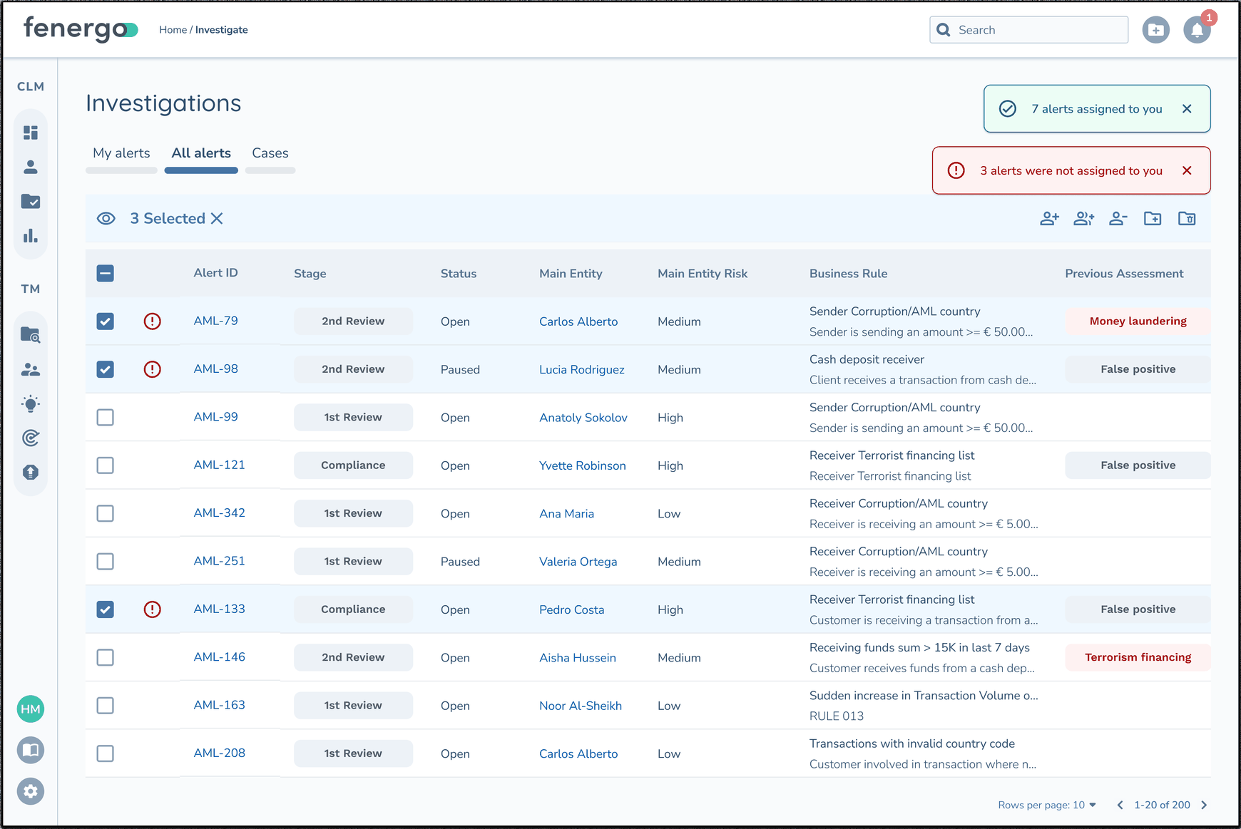 Investigations table after confirming, with the non-actionable alerts still selected and a success toast and an error toast summarizing the outcome
