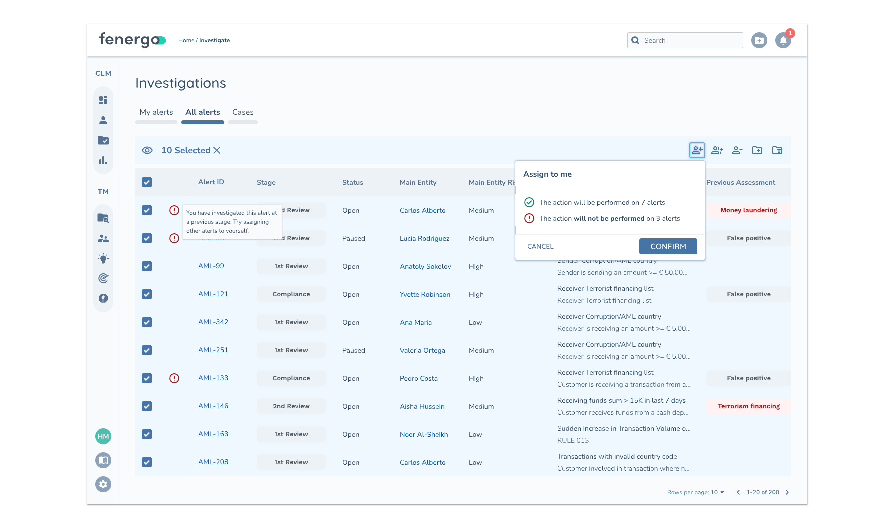 Investigations table with a new warning-icon column, an explanatory tooltip, and a confirmation popover summarizing the bulk action's impact