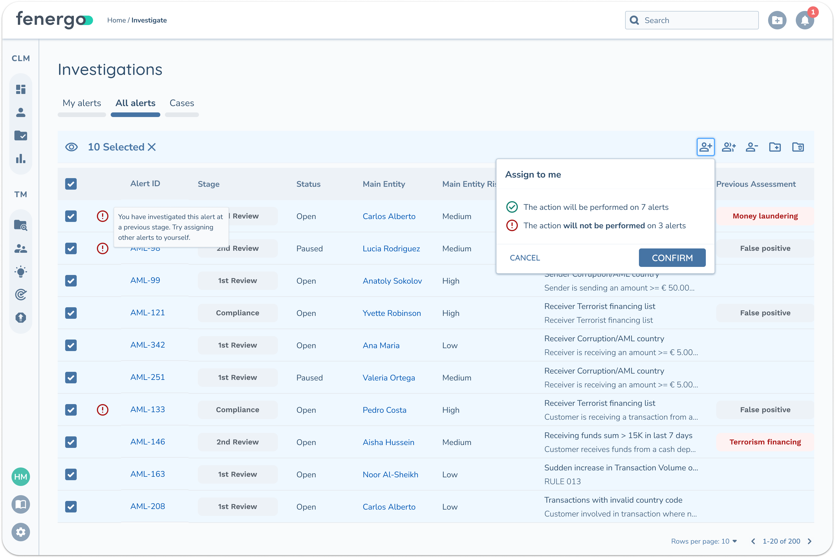 Fenergo Investigations table with 10 alerts selected and the 'Assign to me' popover open, showing which alerts the action will and won't apply to