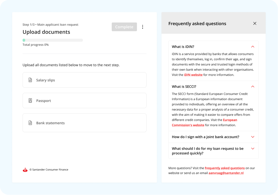 Desktop view of the redesigned upload flow alongside the new FAQ panel explaining iDIN and SECCI