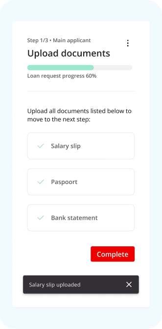 Mobile view of the redesigned document upload flow, showing a progress bar and completed uploads for salary slip, passport and bank statement