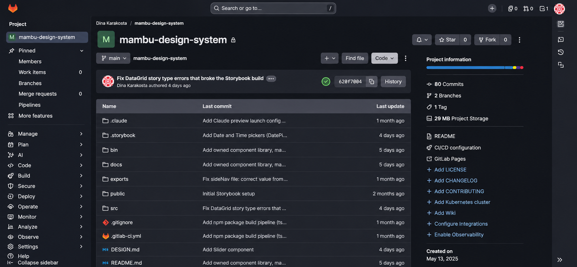Mambu Design System GitLab repository overview, showing the component library, DESIGN.md, README, and CI/CD configuration