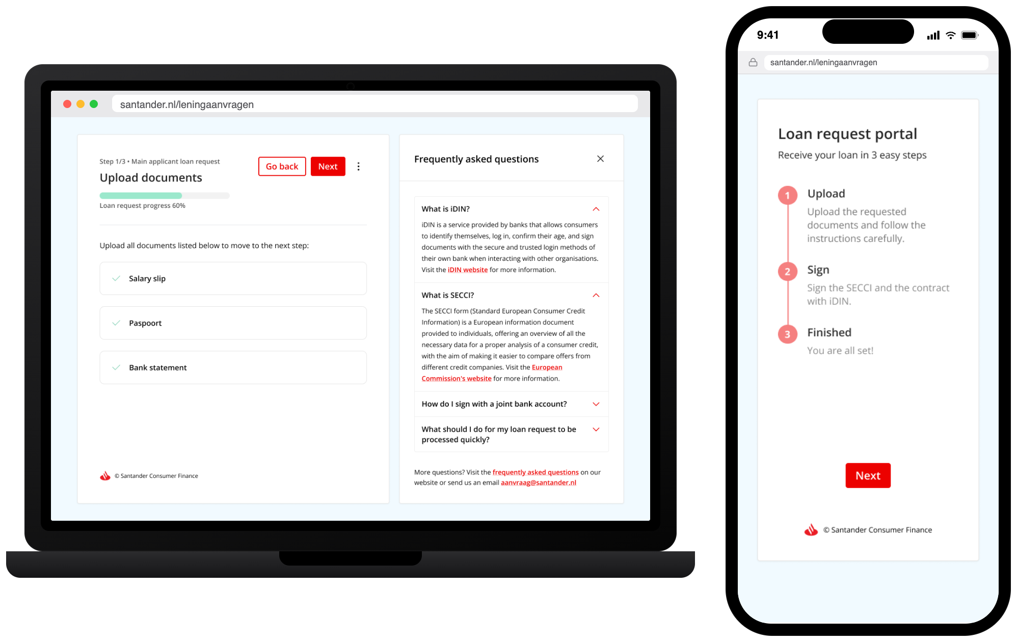 Laptop and iPhone displaying the redesigned Santander loan request portal: document upload on desktop and the 3-step progress tracker on mobile.